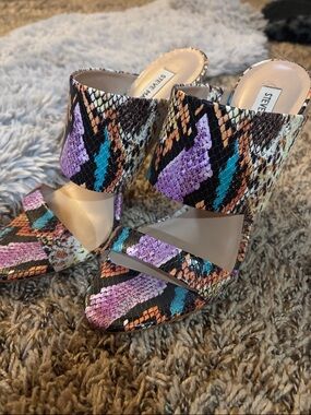 Steve Madden Multicolor Snake-Print Slide Heels - Purple/Teal/Orange/Black